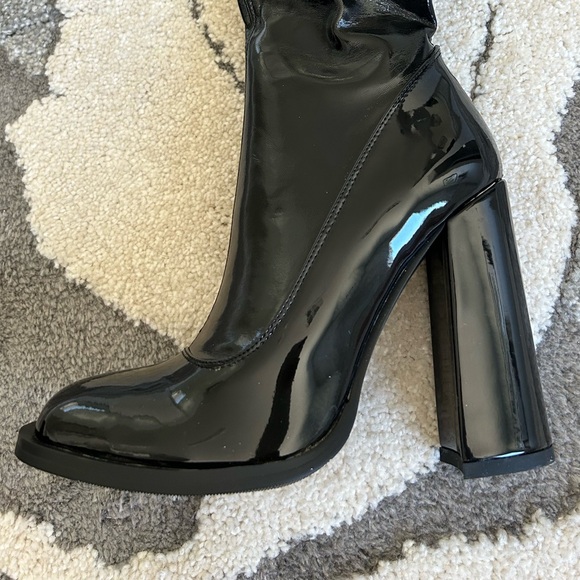 Black Knee High Block Heel Sock Boot - Picture 12 of 15